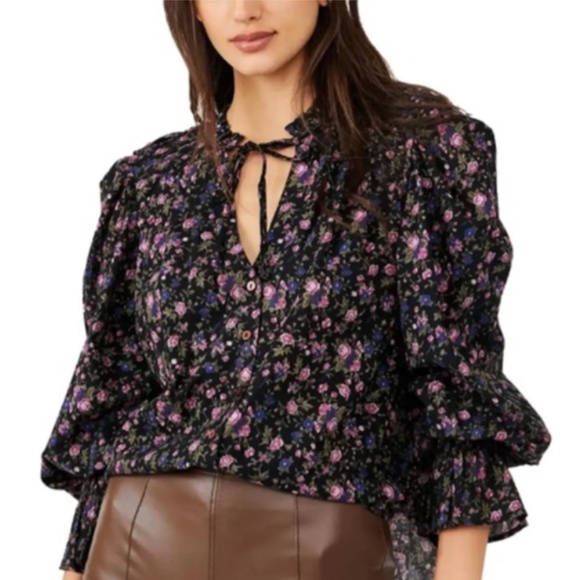 Free People Tops - NWT Free People Oversized Black Floral Tie Front Blouse Sz XS